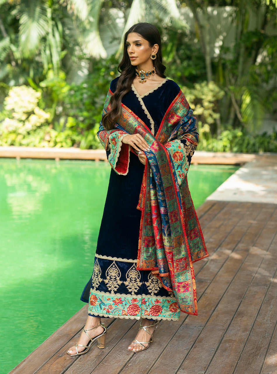Pakistani Midnight Blue Embroidered Velvet Angrakha (3-Piece) - Image 8