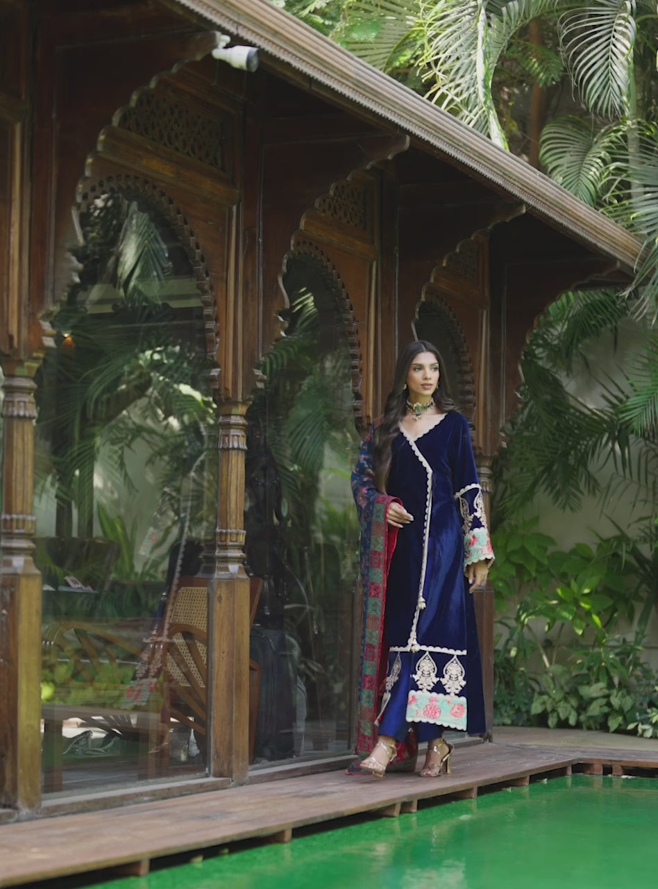 Pakistani Midnight Blue Embroidered Velvet Angrakha (3-Piece) - Image 9