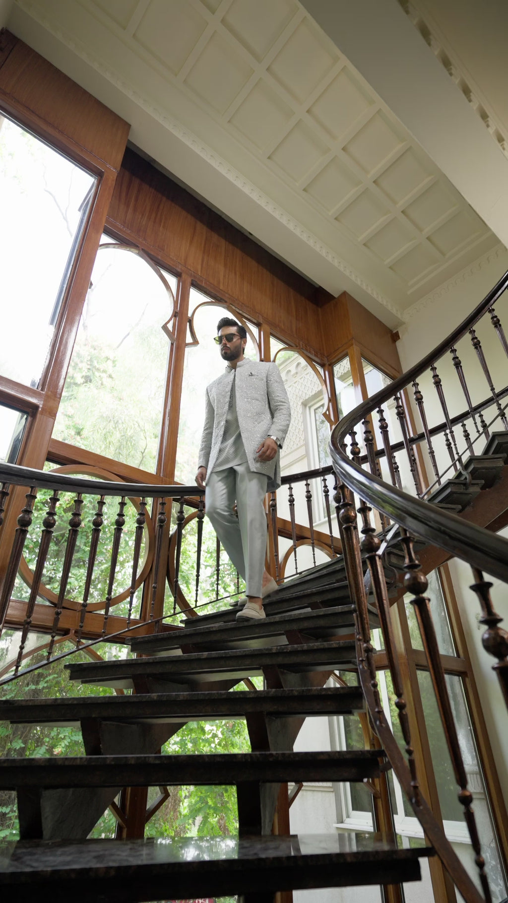 Iced Pale Blue Embroidered Jamawar Achkan (3-Piece) - Image 8