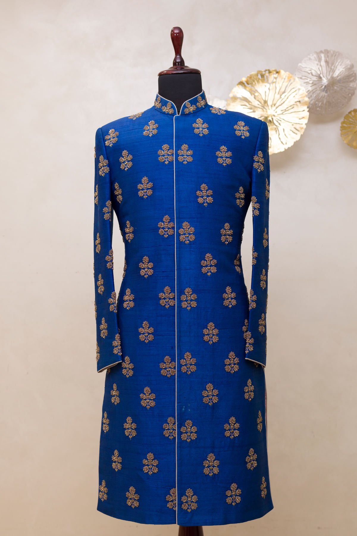 Regal Blue Zardosi Zari Raw Silk Achkan (1-Pc) - Image 1