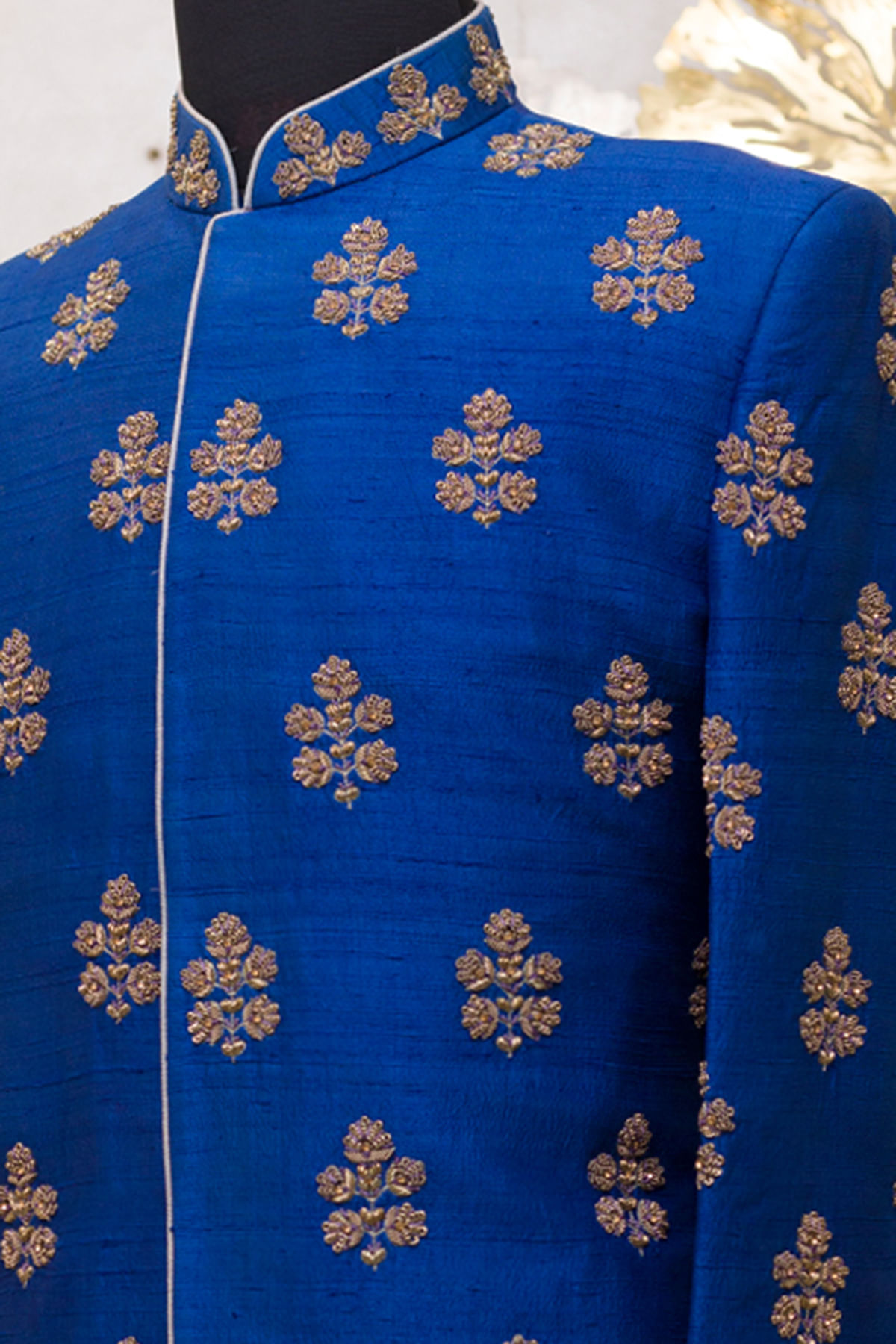Regal Blue Zardosi Zari Raw Silk Achkan (1-Pc) - Image 2