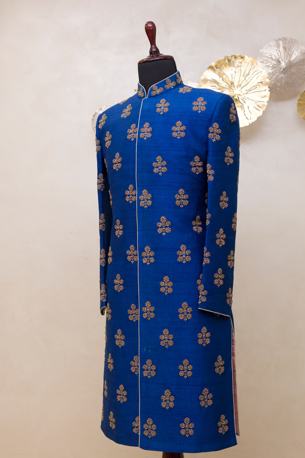 Regal Blue Zardosi Zari Raw Silk Achkan (1-Pc) - Image 3