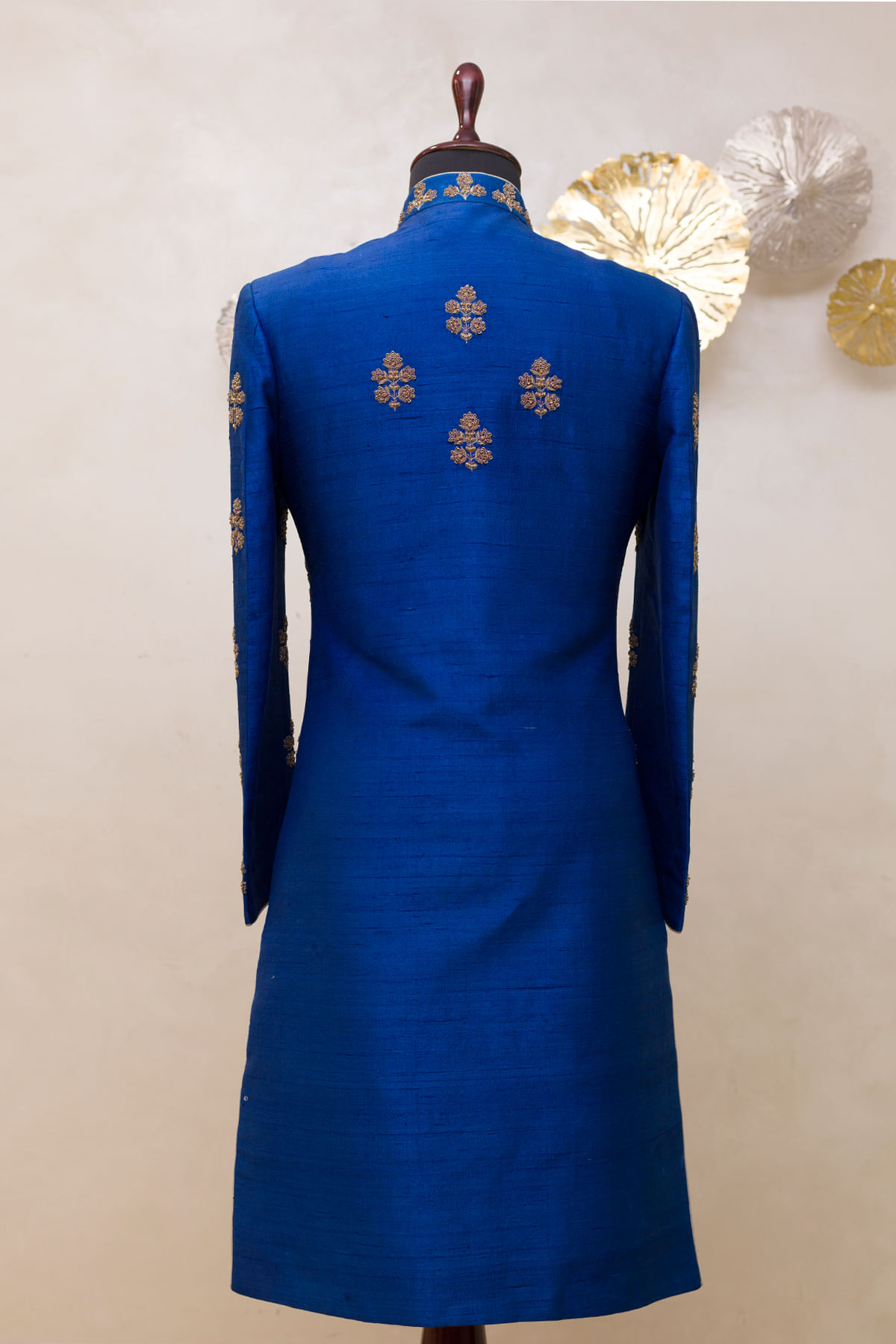 Regal Blue Zardosi Zari Raw Silk Achkan (1-Pc) - Image 4