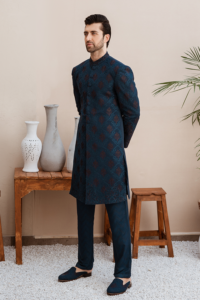 Midnight Blue Embroidered Crepe Achkan Sherwani (2-Piece) - Image 3