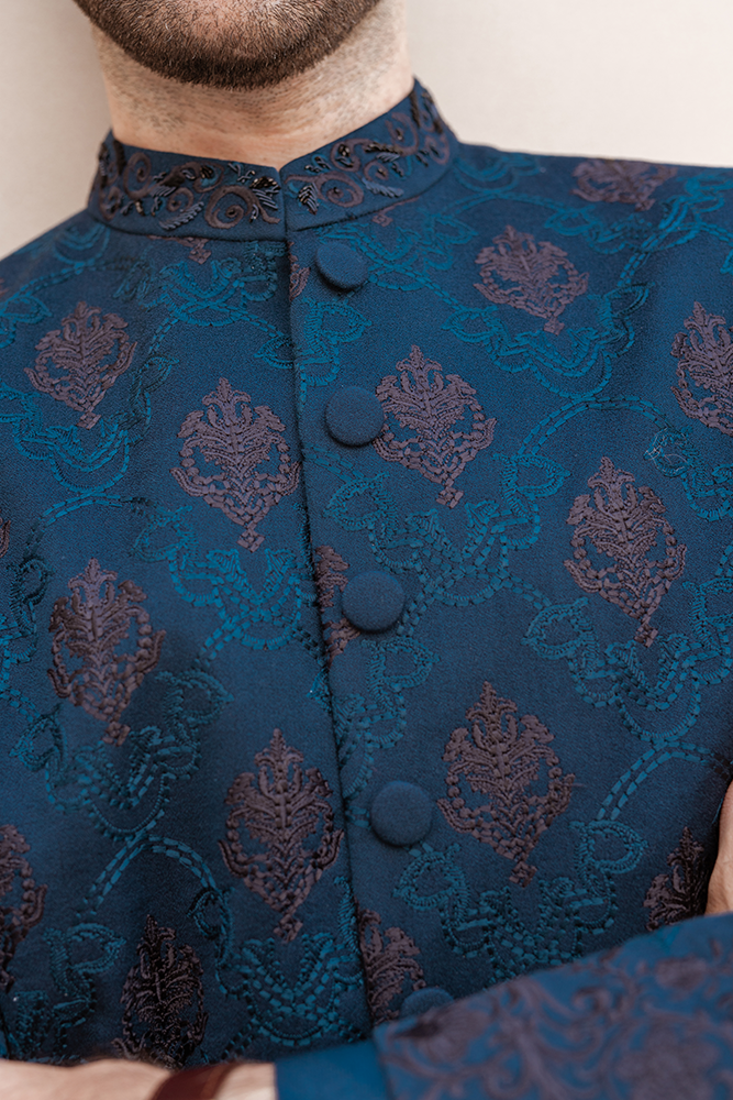 Midnight Blue Embroidered Crepe Achkan Sherwani (2-Piece) - Image 4