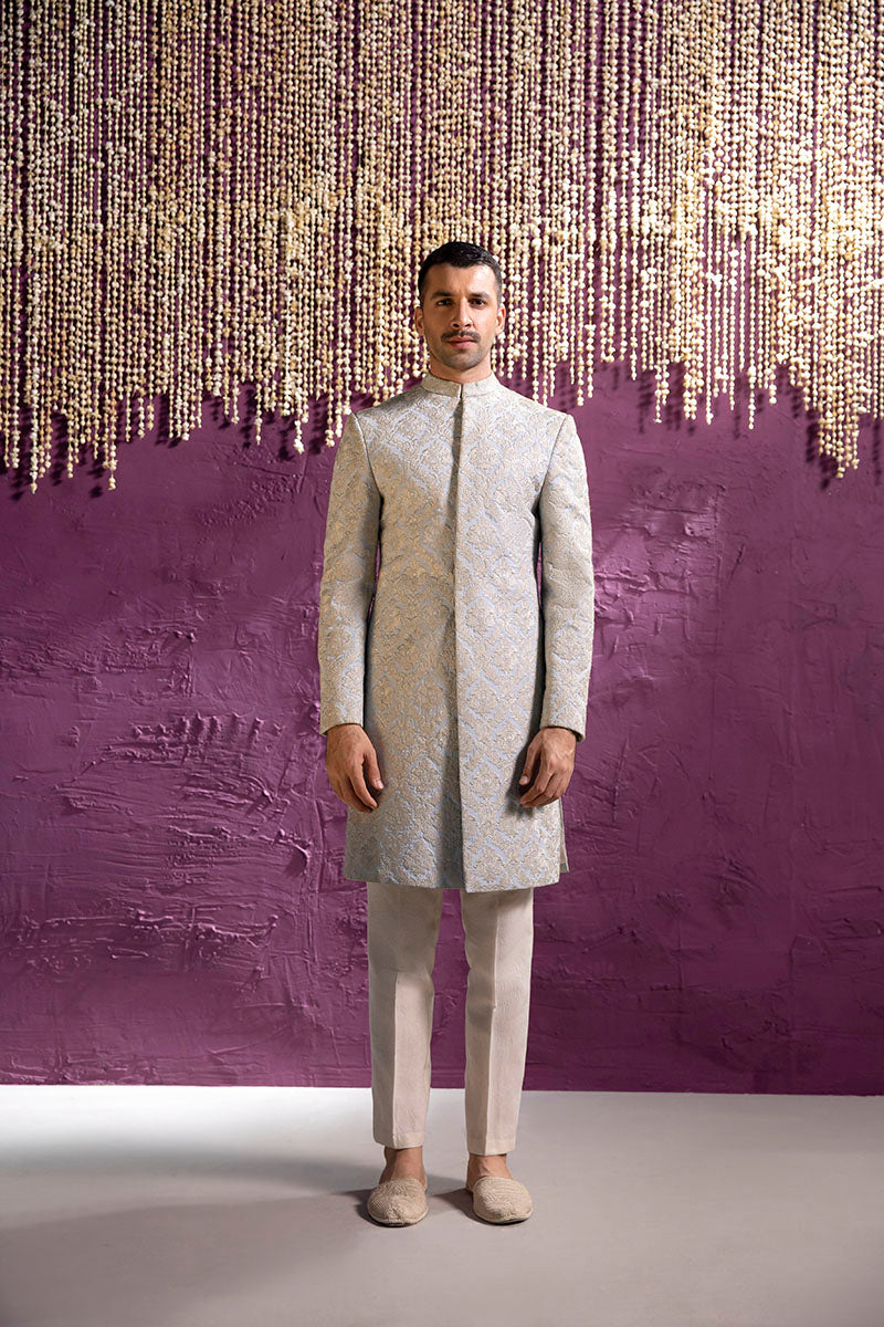 Sky Blue Embossed Denim Sherwani (2-Piece) - Image 1