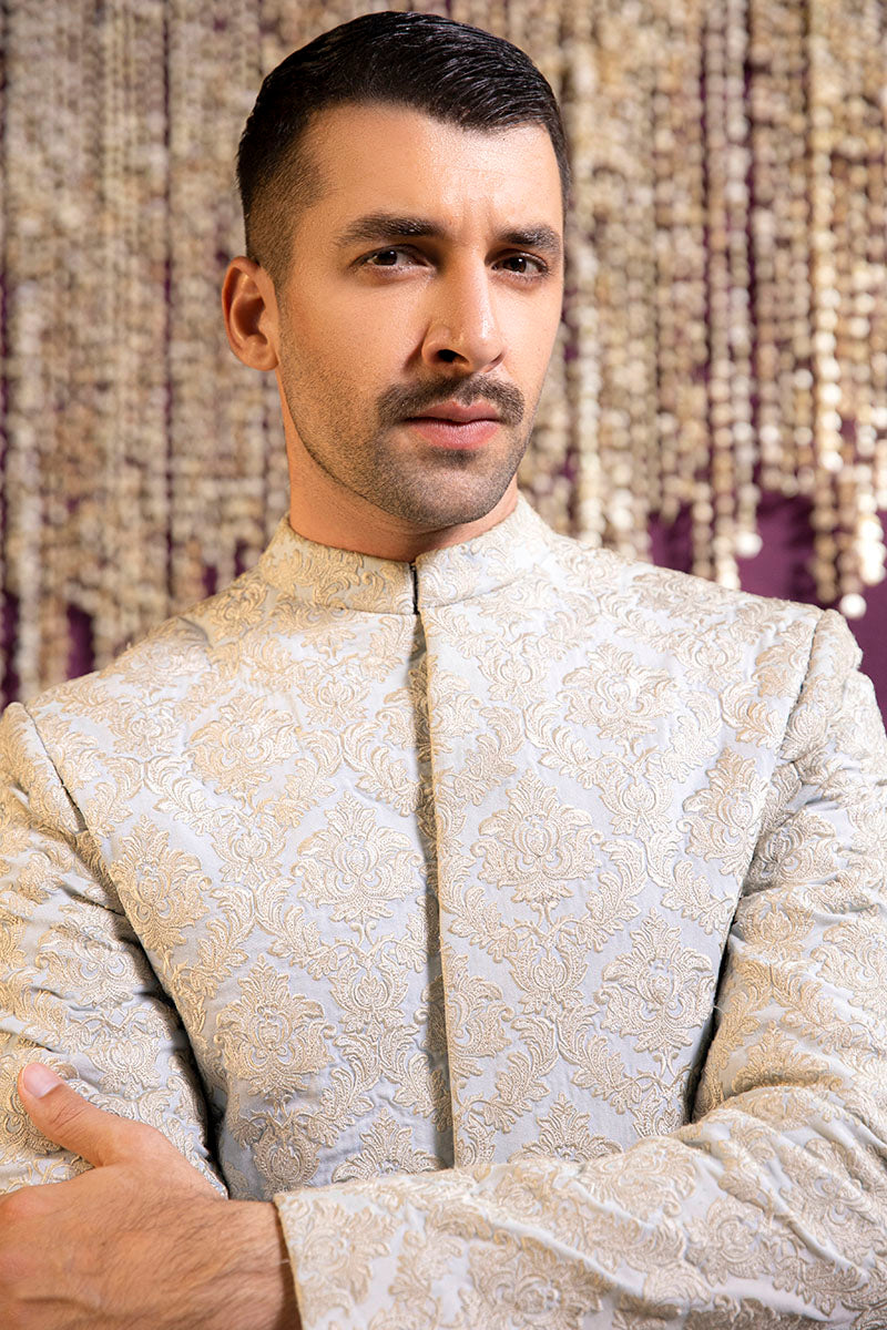 Sky Blue Embossed Denim Sherwani (2-Piece) - Image 2