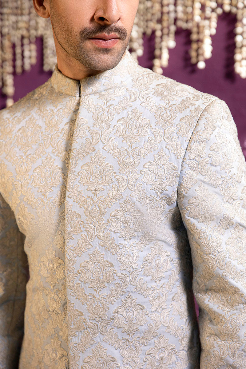Sky Blue Embossed Denim Sherwani (2-Piece) - Image 3