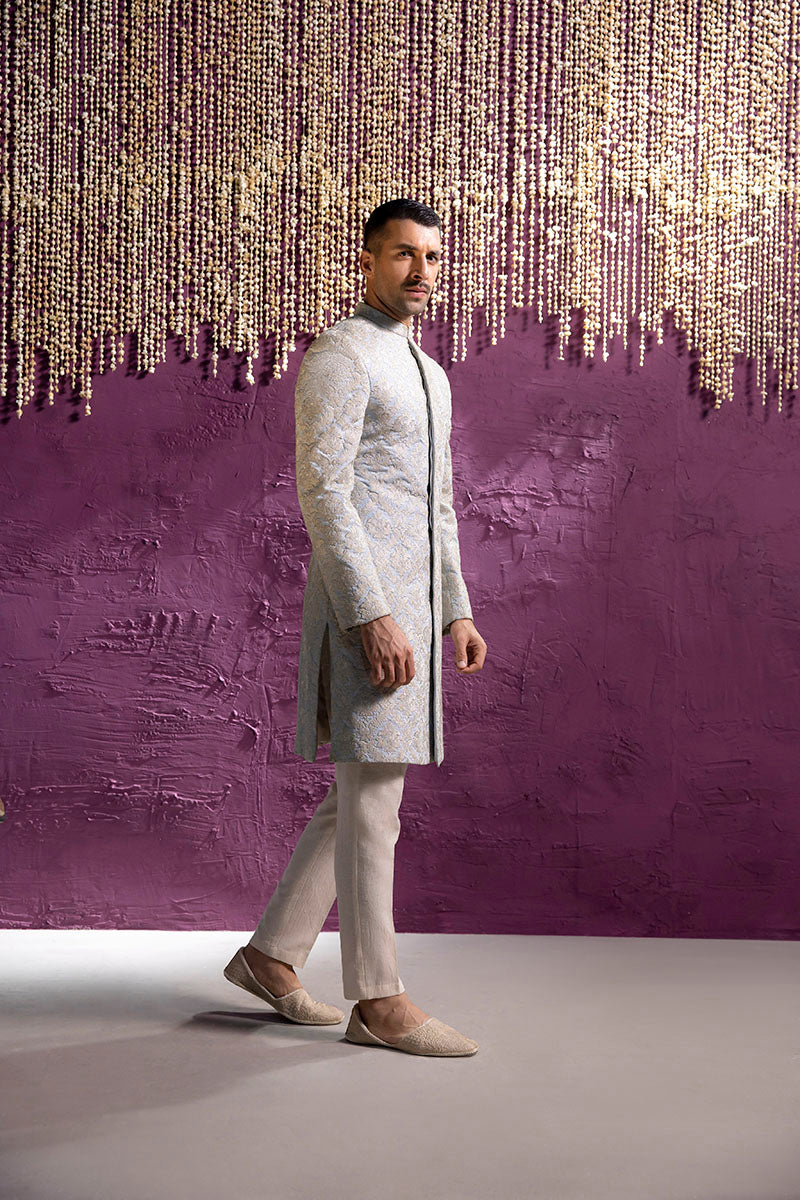 Sky Blue Embossed Denim Sherwani (2-Piece) - Image 4