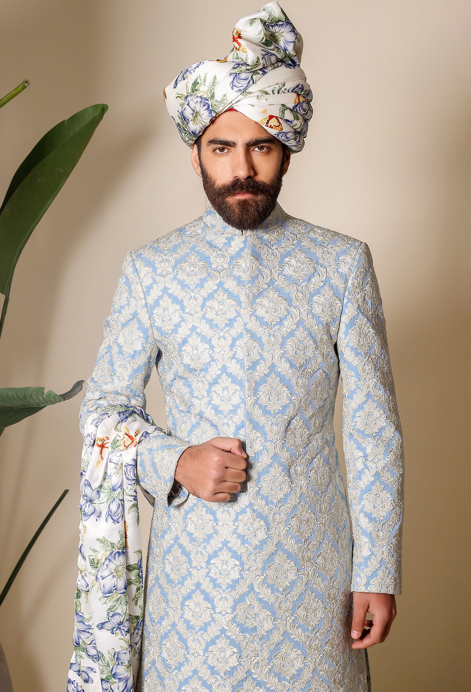 Sky Blue Embossed Denim Sherwani (2-Piece) - Image 5
