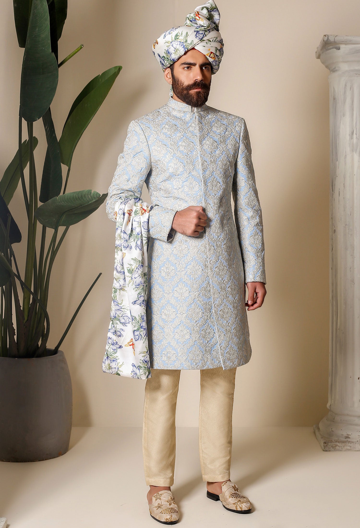 Sky Blue Embossed Denim Sherwani (2-Piece) - Image 6
