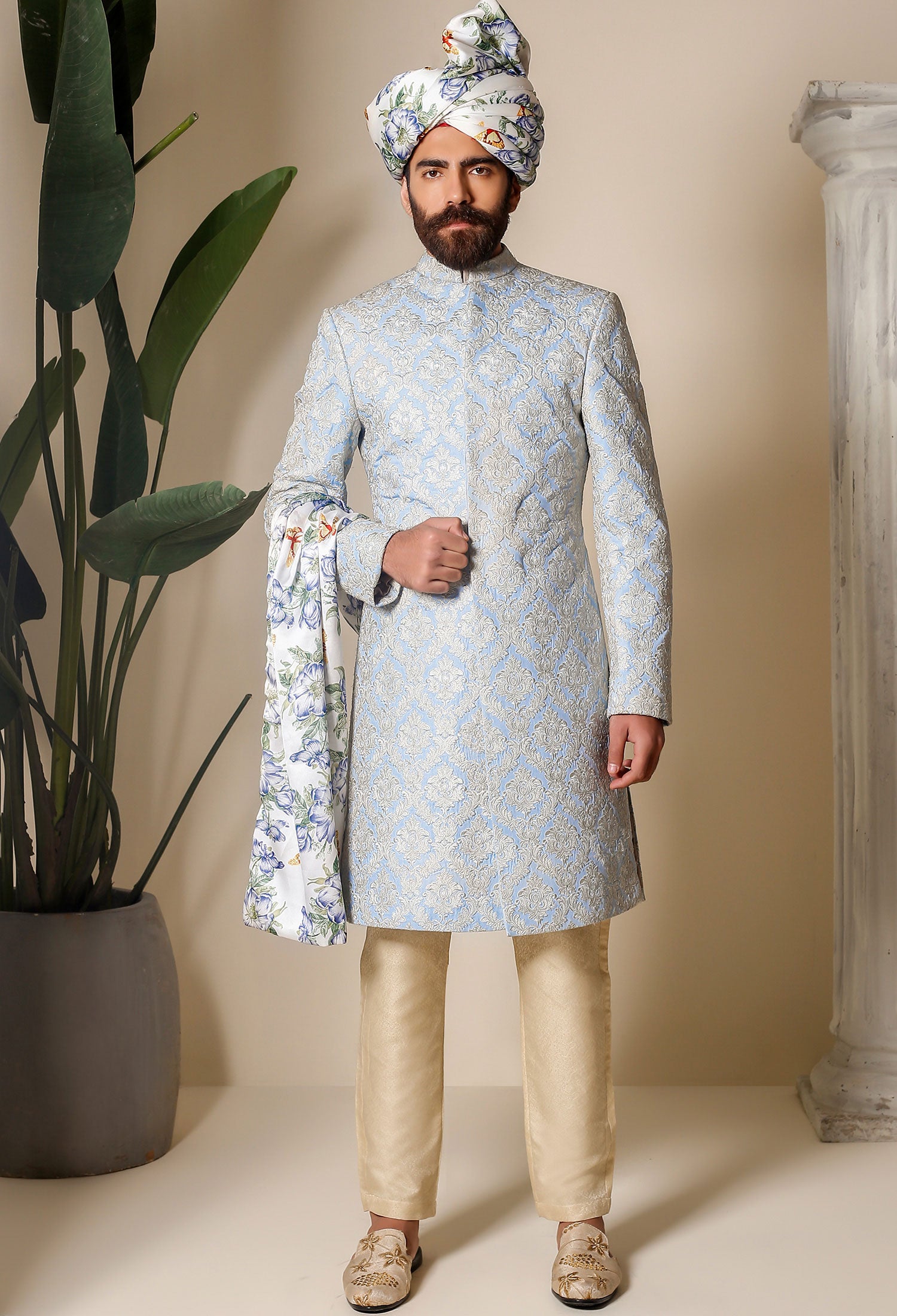 Sky Blue Embossed Denim Sherwani (2-Piece) - Image 7