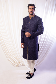 Midnight Blue Embroidered Jacquard Sherwani (2-Piece) - Image 1