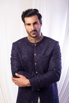 Midnight Blue Embroidered Jacquard Sherwani (2-Piece) - Image 3