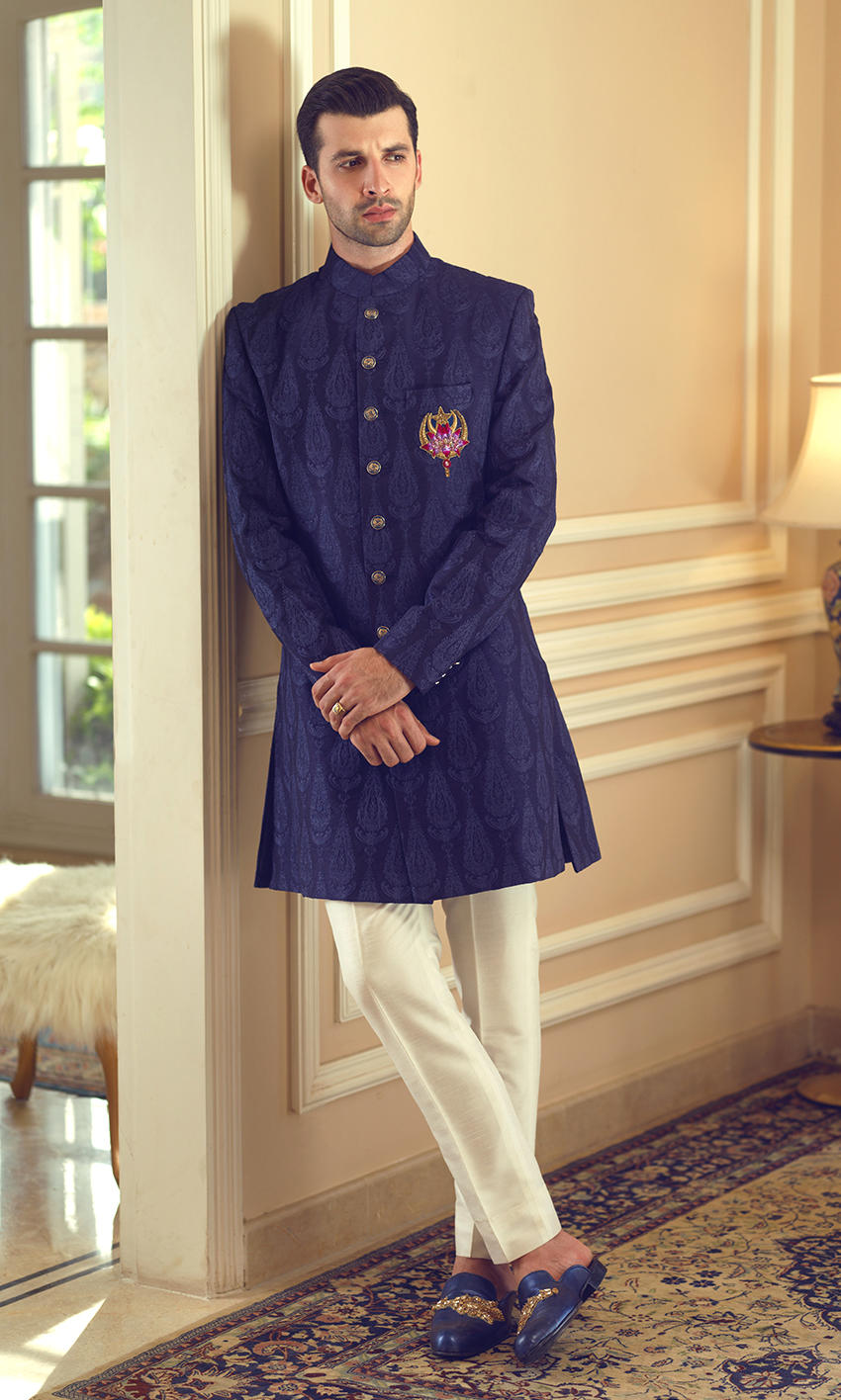 Vibrant Blue Self-Embroidered Jacquard Short Sherwani (2-Piece) - Image 1