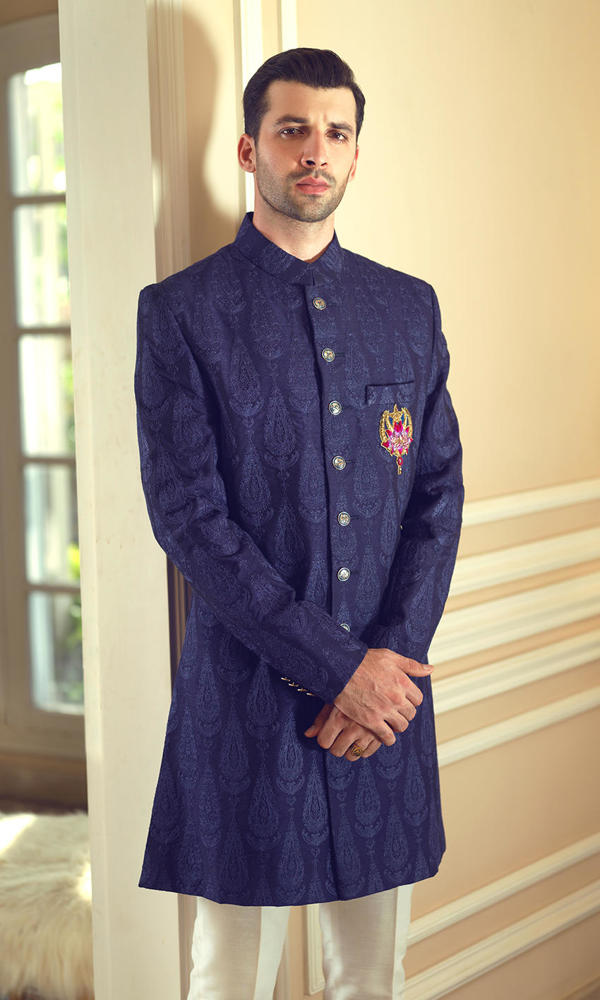 Vibrant Blue Self-Embroidered Jacquard Short Sherwani (2-Piece) - Image 3