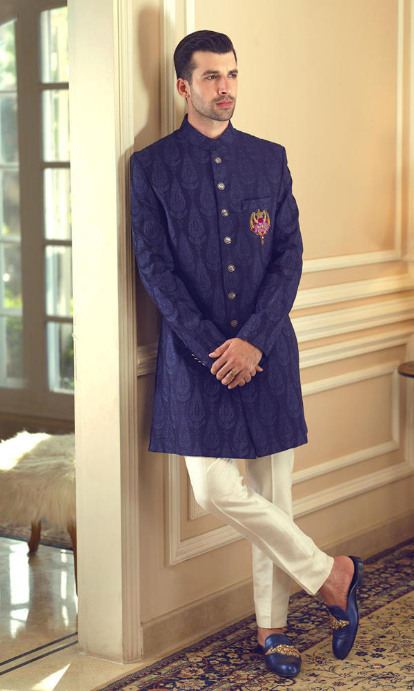 Vibrant Blue Self-Embroidered Jacquard Short Sherwani (2-Piece) - Image 4