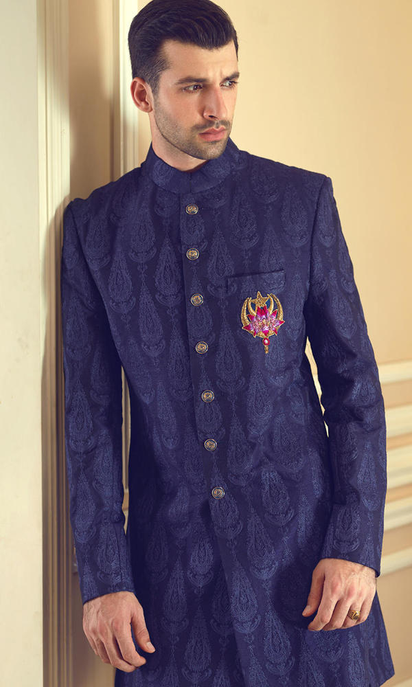 Vibrant Blue Self-Embroidered Jacquard Short Sherwani (2-Piece) - Image 5