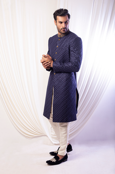 Pure Blue Jacquard Sherwani with Gold Threadwork (2-Piece) - Image 1