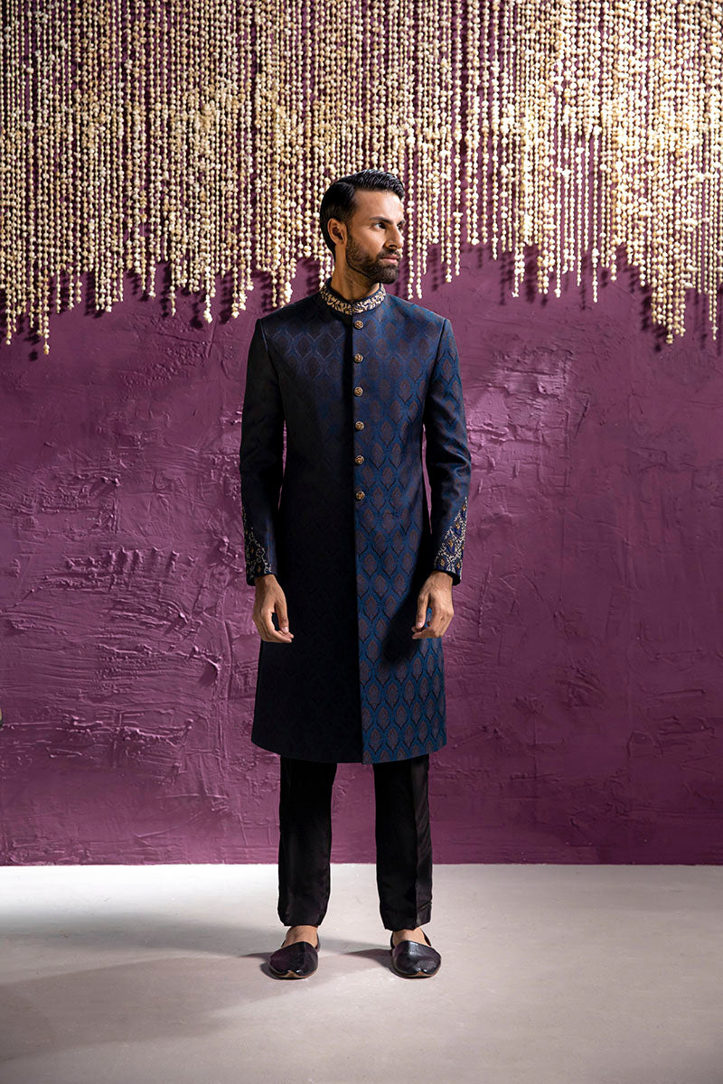 Midnight Blue Embroidered Self Jamawar Sherwani (2-Piece) - Image 1