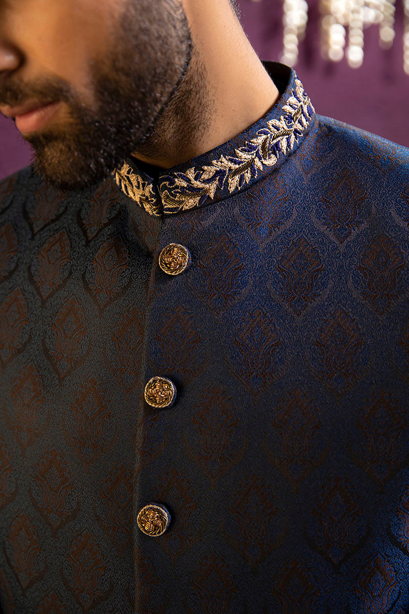 Midnight Blue Embroidered Self Jamawar Sherwani (2-Piece) - Image 2
