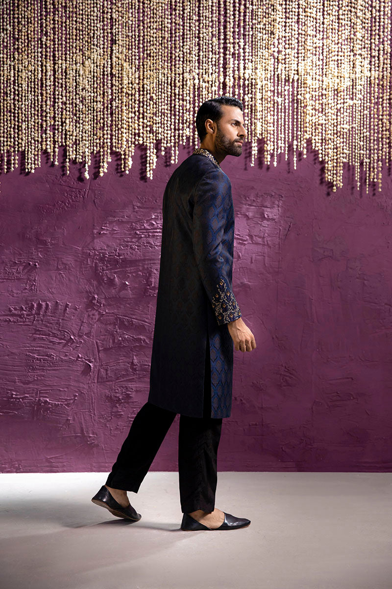 Midnight Blue Embroidered Self Jamawar Sherwani (2-Piece) - Image 4