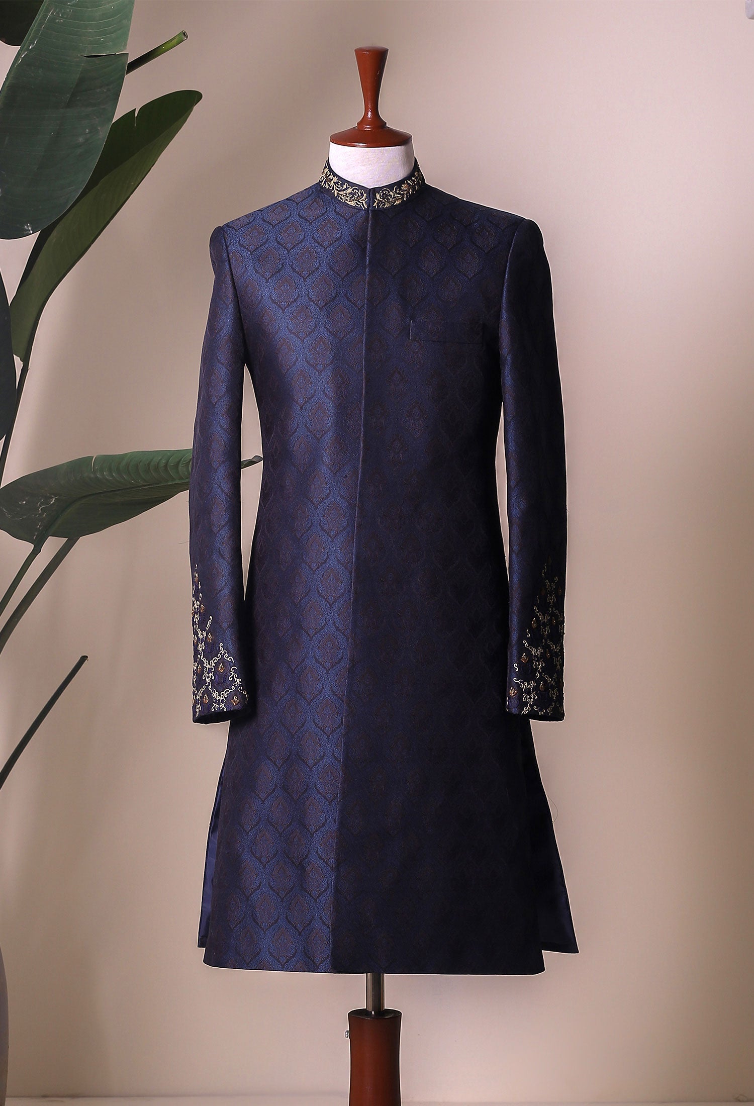 Midnight Blue Embroidered Self Jamawar Sherwani (2-Piece) - Image 5