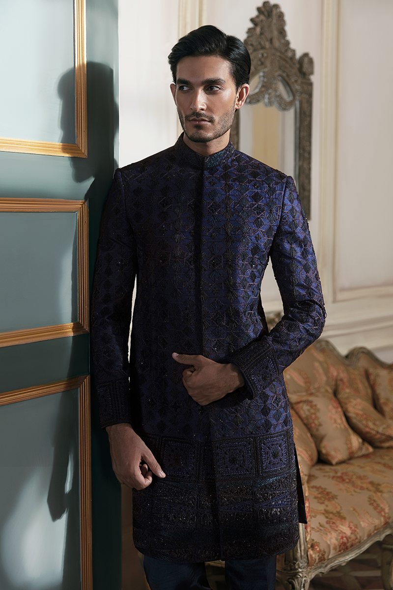 Midnight Blue Embroidered Jamawar Achkan Sherwani (2-Piece) - Image 1