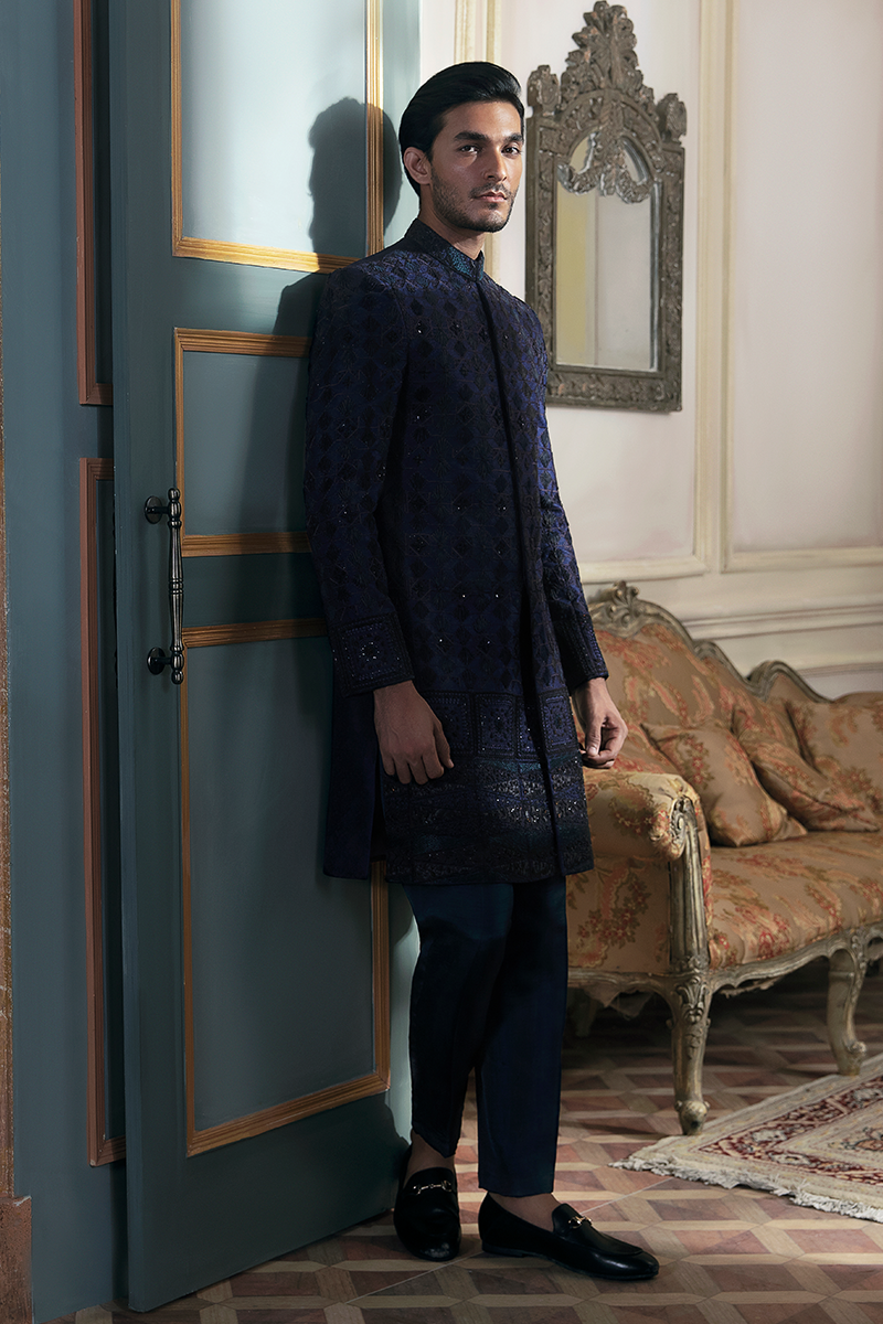 Midnight Blue Embroidered Jamawar Achkan Sherwani (2-Piece) - Image 2