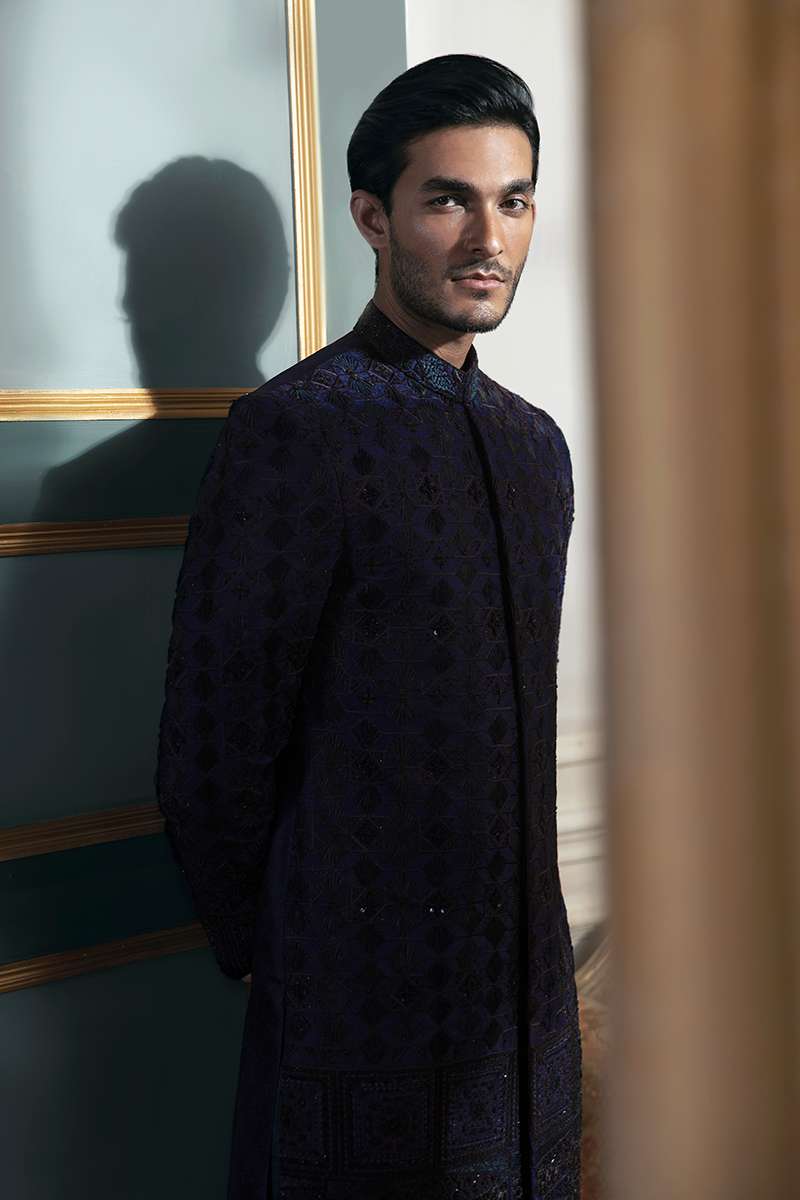 Midnight Blue Embroidered Jamawar Achkan Sherwani (2-Piece) - Image 3