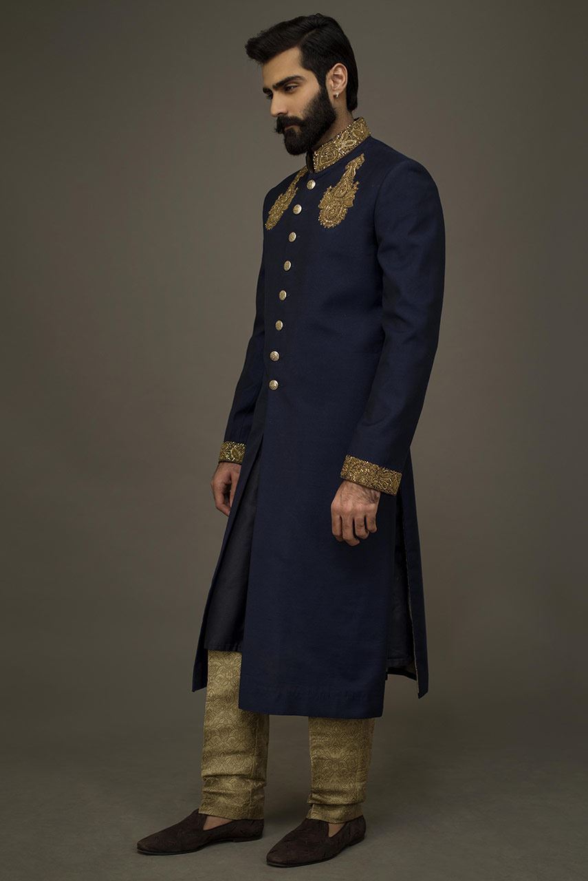 Blue Kora Dabka Embroidered Sherwani (2-Piece) - Image 1