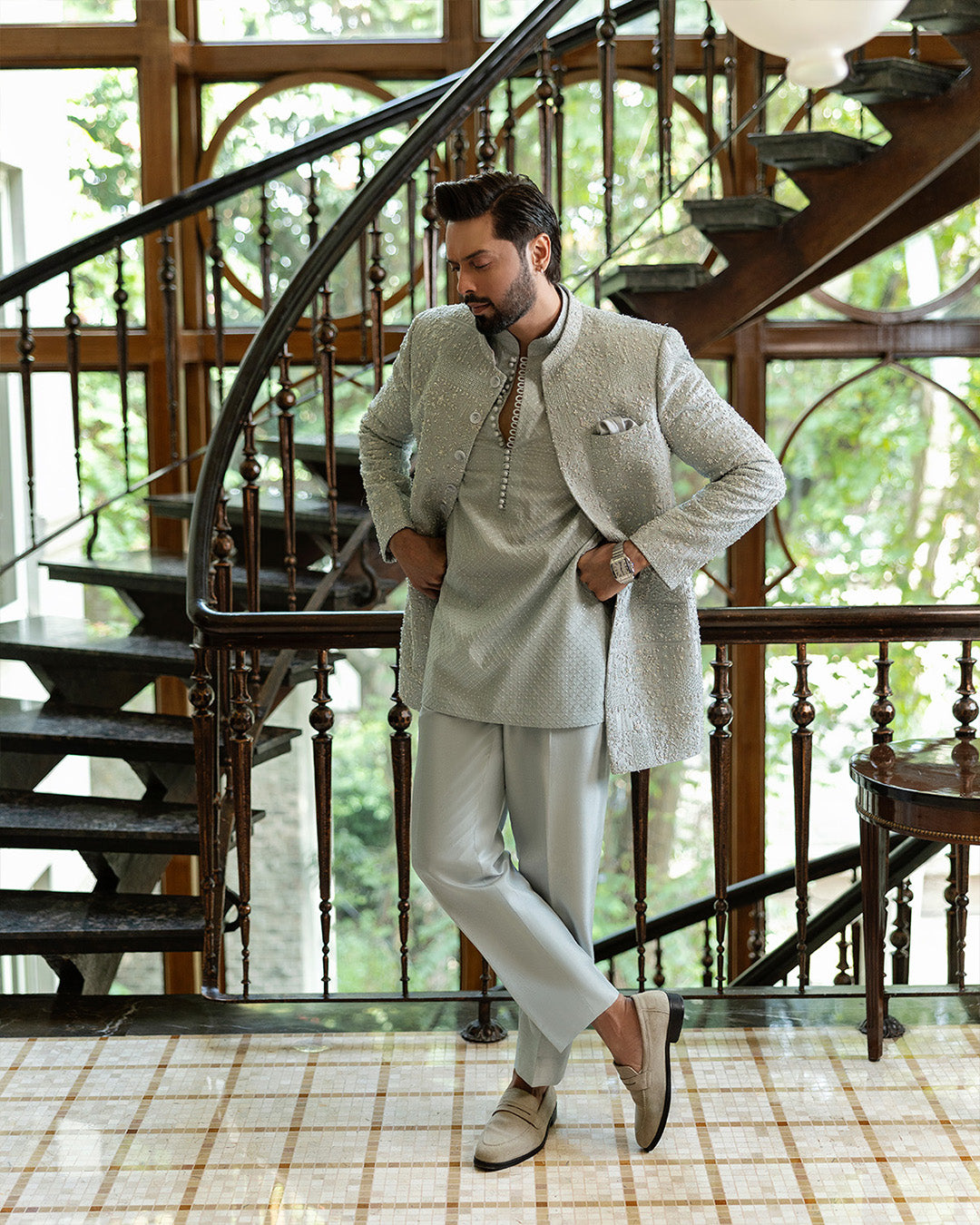 Iced Pale Blue Embroidered Self Jamawar Short Sherwani (3-Piece) - Image 4