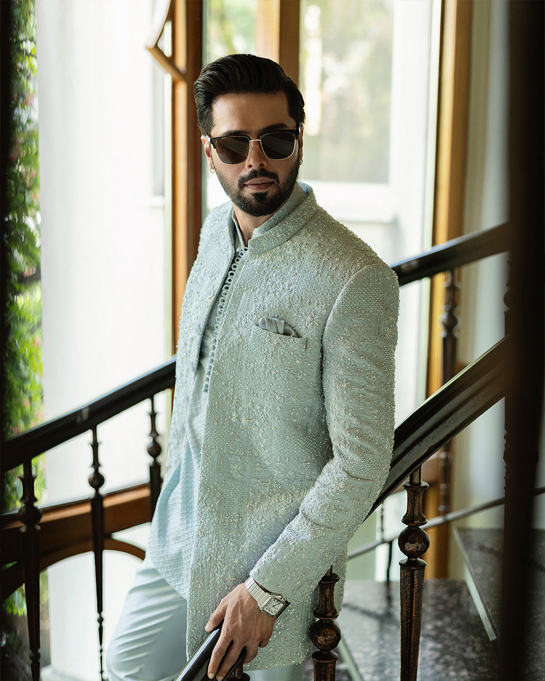 Iced Pale Blue Embroidered Self Jamawar Short Sherwani (3-Piece) - Image 6