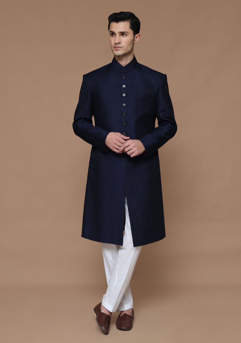 Medieval Blue Karandi Jamawar Achkan Sherwani (2-Piece) - Image 1