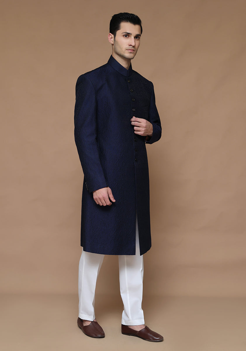 Medieval Blue Karandi Jamawar Achkan Sherwani (2-Piece) - Image 3