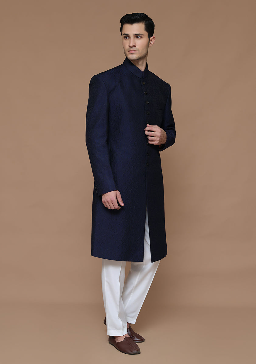 Medieval Blue Karandi Jamawar Achkan Sherwani (2-Piece) - Image 4