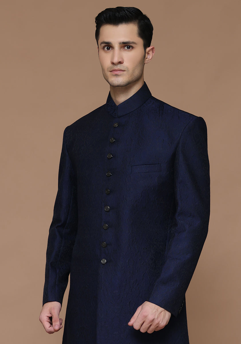 Medieval Blue Karandi Jamawar Achkan Sherwani (2-Piece) - Image 5