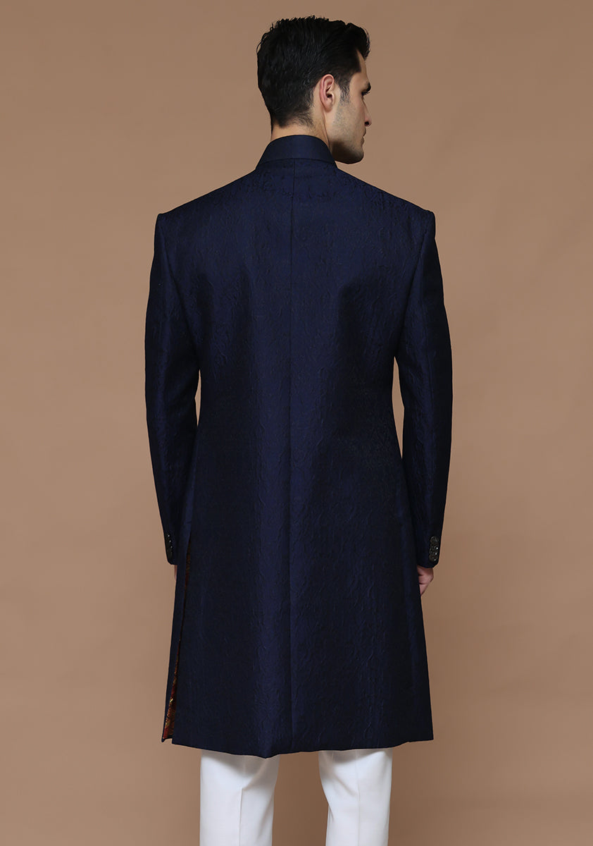 Medieval Blue Karandi Jamawar Achkan Sherwani (2-Piece) - Image 6