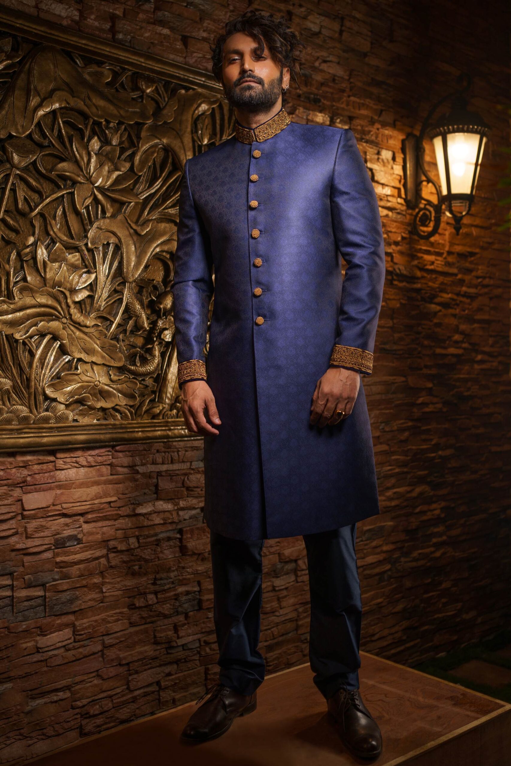 Indigo Blue Embroidered Raw Cotton Silk Sherwani (2-Piece) - Image 1