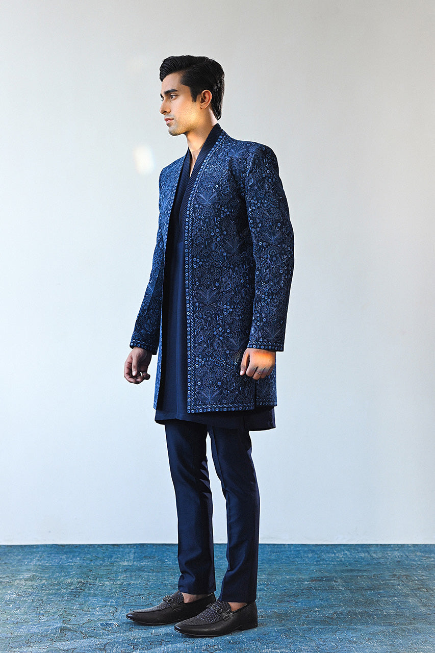 Midnight Blue Embroidered Raw Silk Sherwani (3-Piece) - Image 1