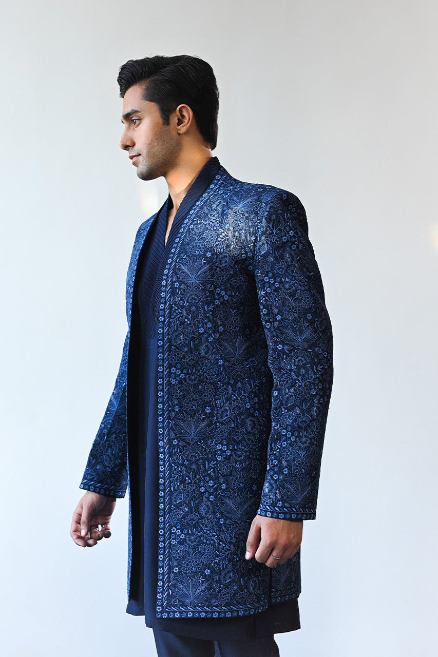 Midnight Blue Embroidered Raw Silk Sherwani (3-Piece) - Image 5