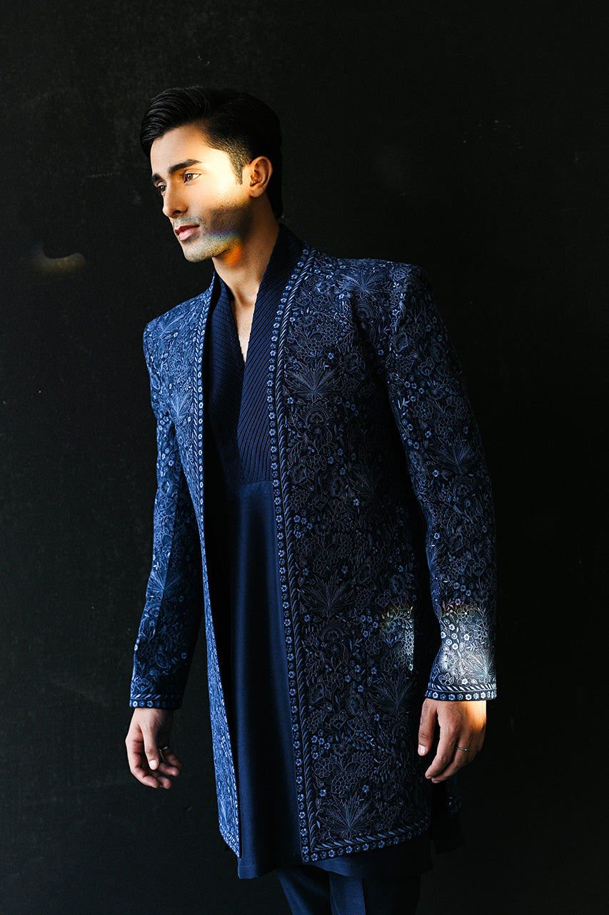 Midnight Blue Embroidered Raw Silk Sherwani (3-Piece) - Image 6
