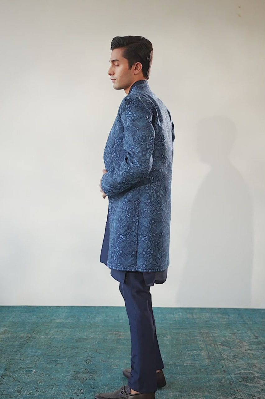 Midnight Blue Embroidered Raw Silk Sherwani (3-Piece) - Image 8