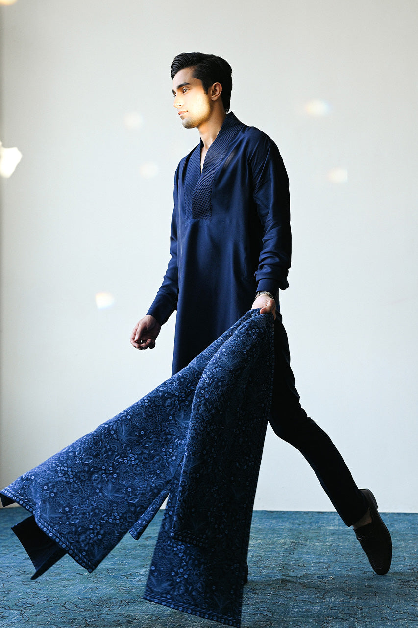 Midnight Blue Embroidered Raw Silk Achkan Sherwani (3-Piece) - Image 2