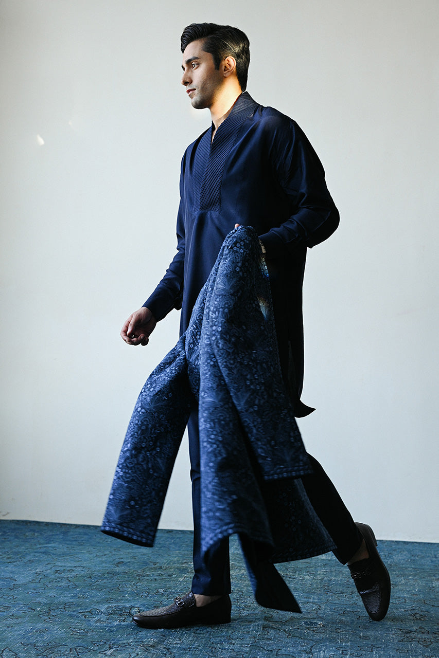 Midnight Blue Embroidered Raw Silk Achkan Sherwani (3-Piece) - Image 3