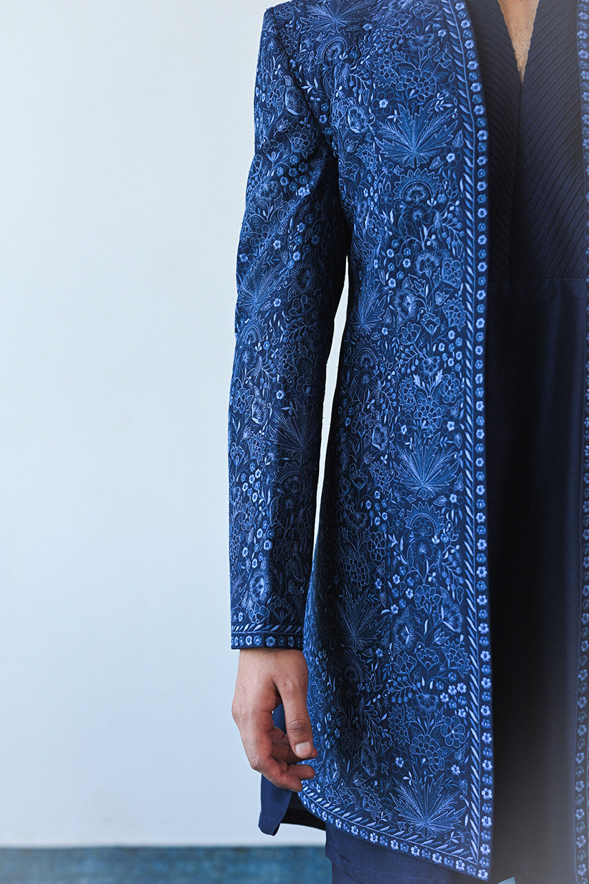 Midnight Blue Embroidered Raw Silk Achkan Sherwani (3-Piece) - Image 4