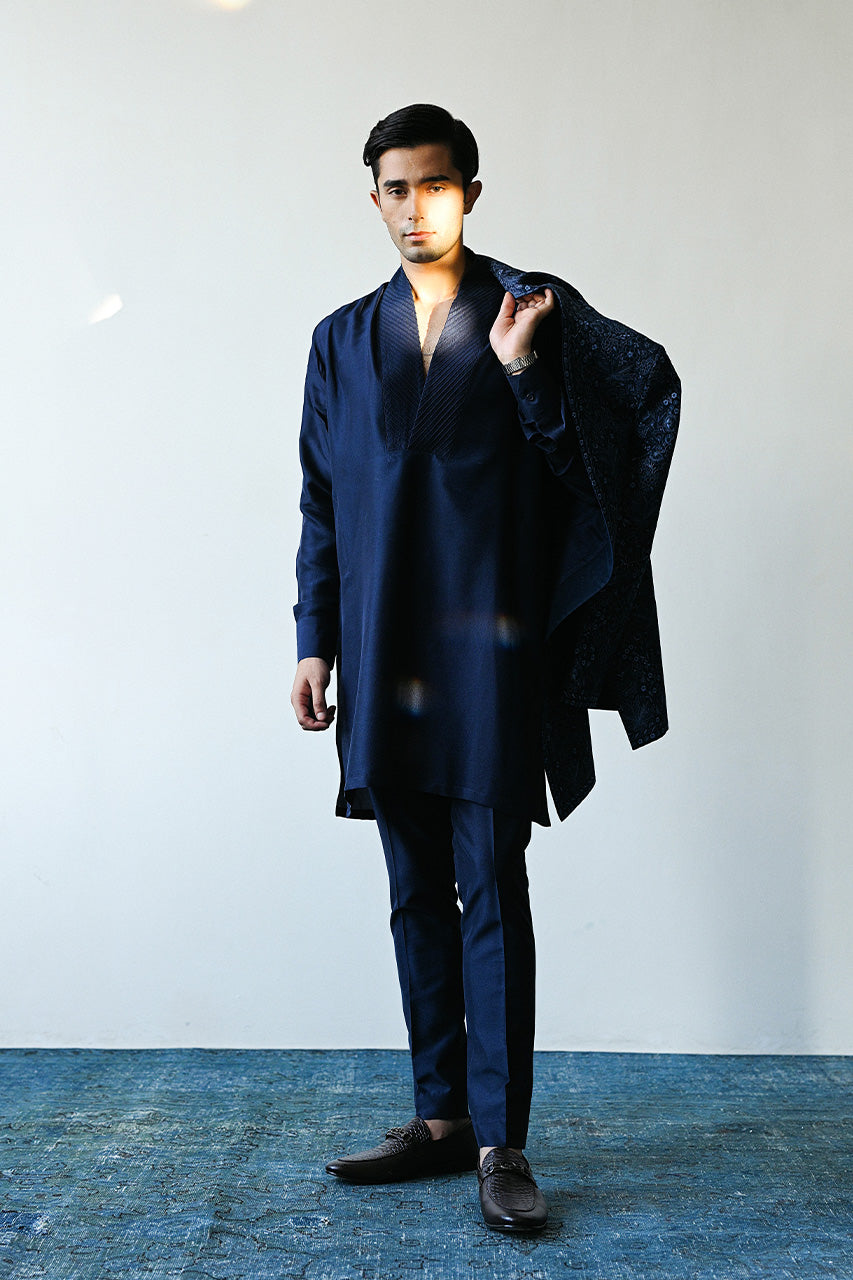 Midnight Blue Embroidered Raw Silk Achkan Sherwani (3-Piece) - Image 7