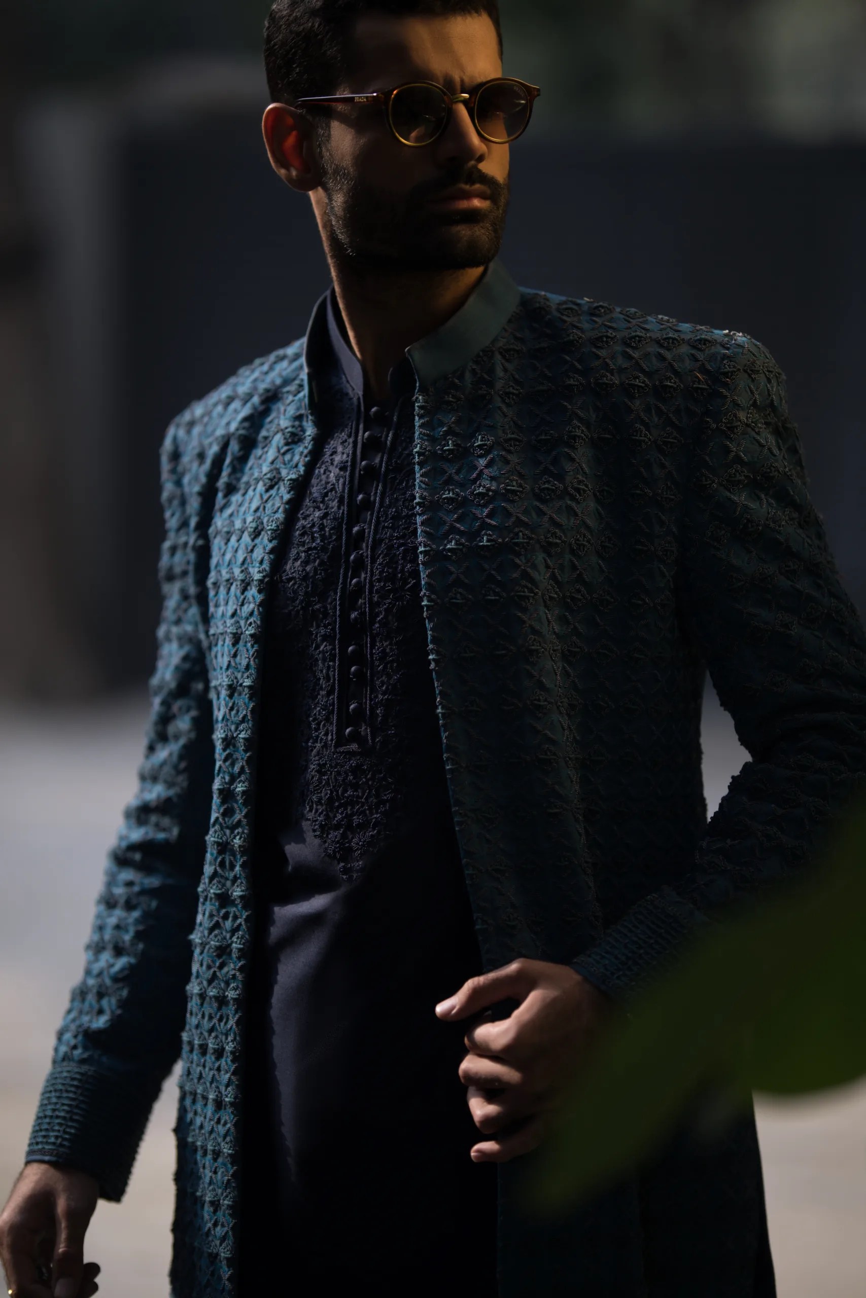 Midnight Blue Embroidered Raw Silk Sherwani (3-Piece) - Image 1