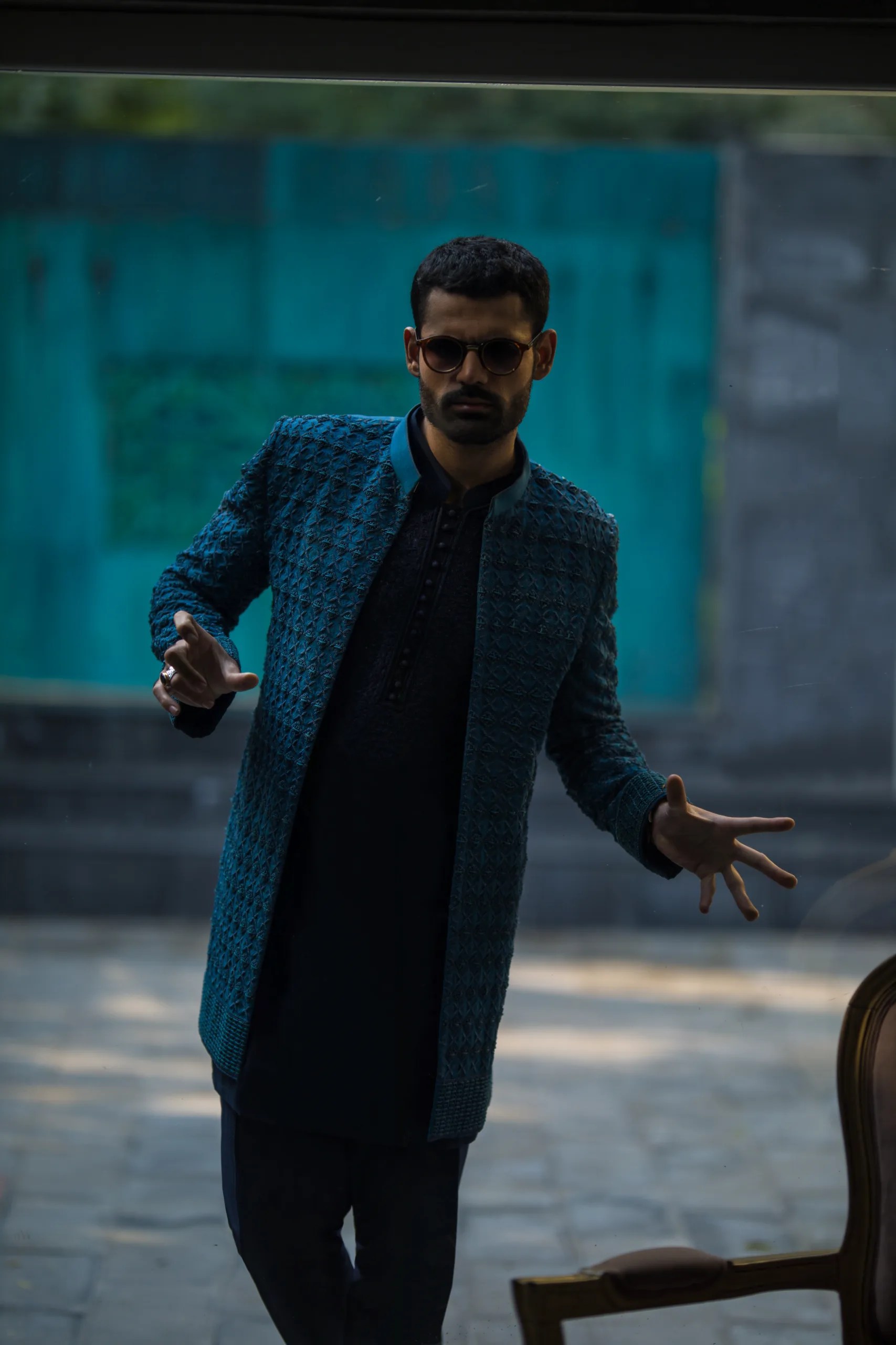 Midnight Blue Embroidered Raw Silk Sherwani (3-Piece) - Image 12