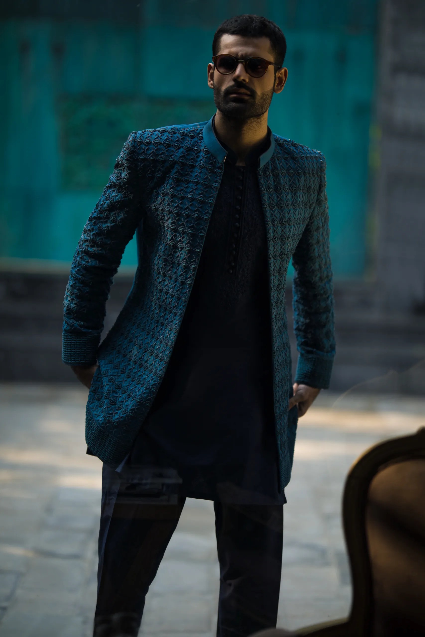 Midnight Blue Embroidered Raw Silk Sherwani (3-Piece) - Image 13